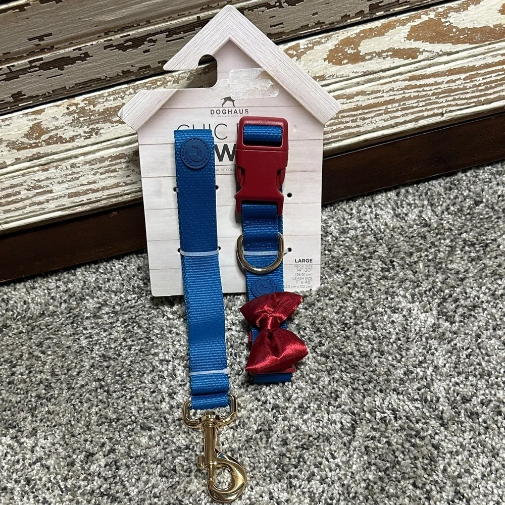 Kids Blue Nylon Leash and Collar Set with Red Bow